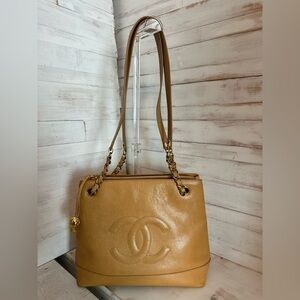 Chanel Beige Vintage CC Mark Tote with Chain Ball